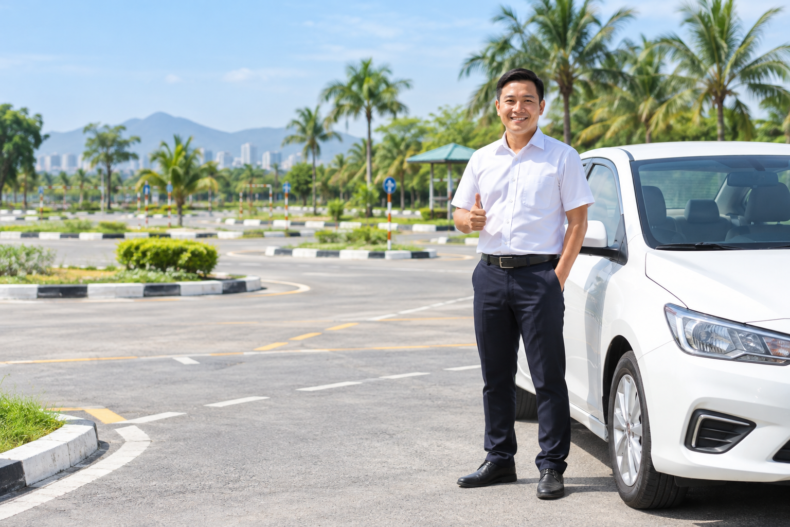 Hình minh họa giáo viên hướng dẫn bên xe tập lái